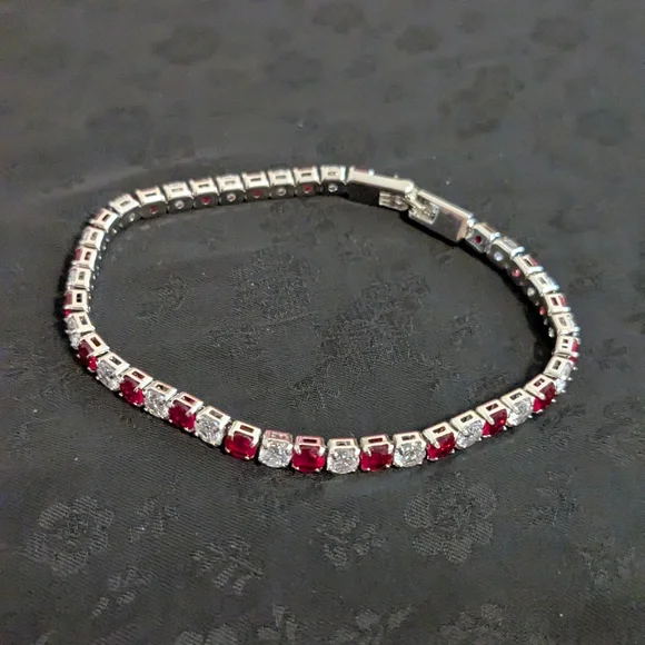 Elegant Red and White CZ Silver Tone Tennis Bracelet 7" - Picture 2 of 7
